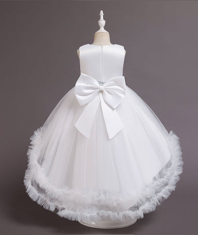 A-Line High Low Sleeveless Girls' Tulle Dress with Sequins & Bow | Special Occasion Dress for Kids