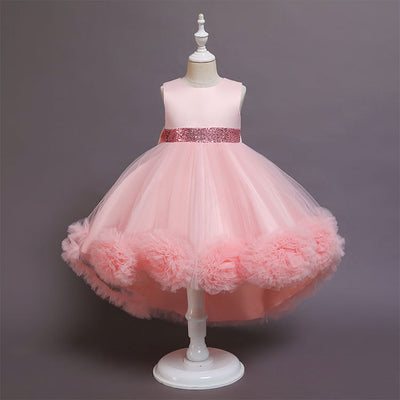 A-Line High Low Sleeveless Girls' Tulle Dress with Sequins & Bow | Special Occasion Dress for Kids