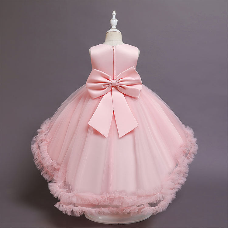 A-Line High Low Sleeveless Girls' Tulle Dress with Sequins & Bow | Special Occasion Dress for Kids