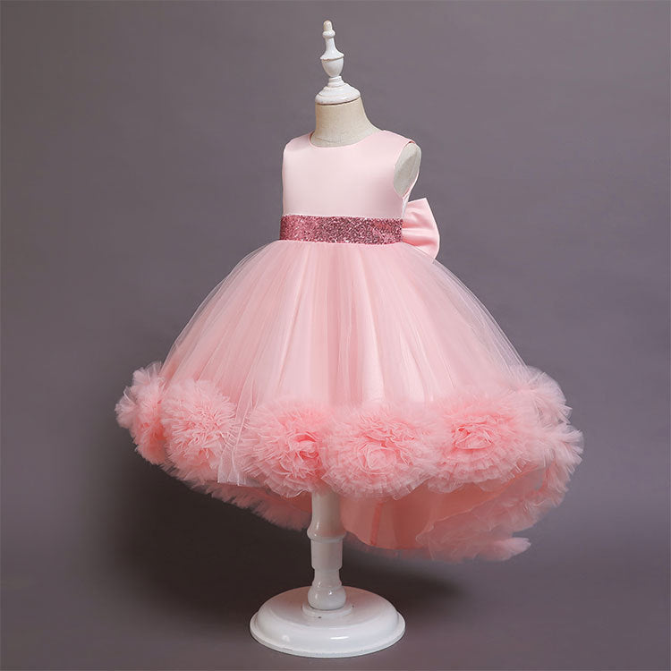 A-Line High Low Sleeveless Girls' Tulle Dress with Sequins & Bow | Special Occasion Dress for Kids