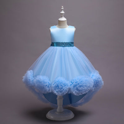 A-Line High Low Sleeveless Girls' Tulle Dress with Sequins & Bow | Special Occasion Dress for Kids