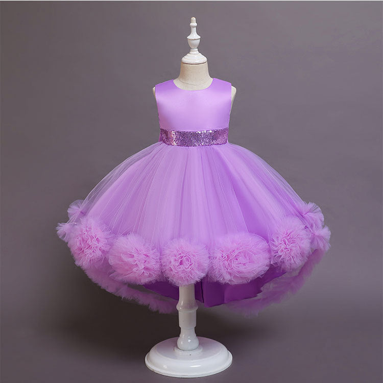 A-Line High Low Sleeveless Girls' Tulle Dress with Sequins & Bow | Special Occasion Dress for Kids
