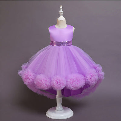 A-Line High Low Sleeveless Girls' Tulle Dress with Sequins & Bow | Special Occasion Dress for Kids