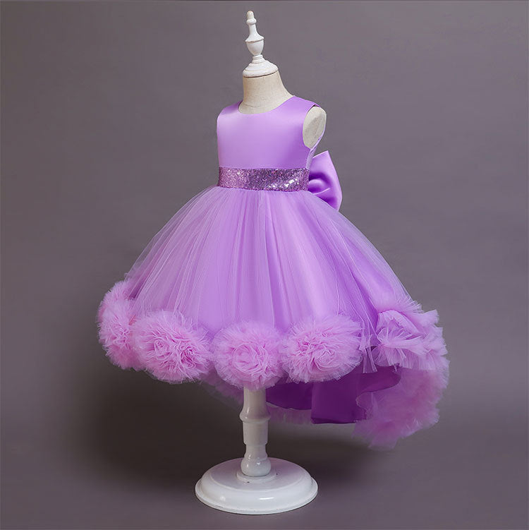 A-Line High Low Sleeveless Girls' Tulle Dress with Sequins & Bow | Special Occasion Dress for Kids