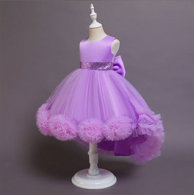A-Line High Low Sleeveless Girls' Tulle Dress with Sequins & Bow | Special Occasion Dress for Kids