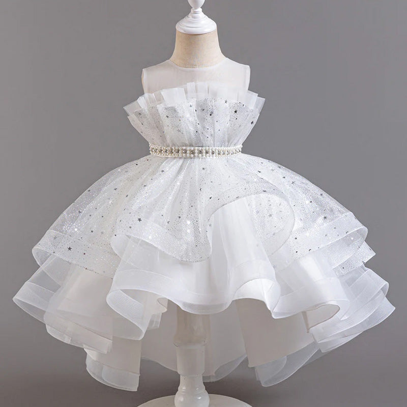 A-Line High Low Tulle Flower Girl Dress – Beaded, Ruffled, Sweetheart Neckline | Girls' Party Dress