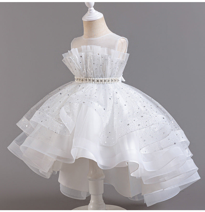 A-Line High Low Tulle Flower Girl Dress – Beaded, Ruffled, Sweetheart Neckline | Girls' Party Dress