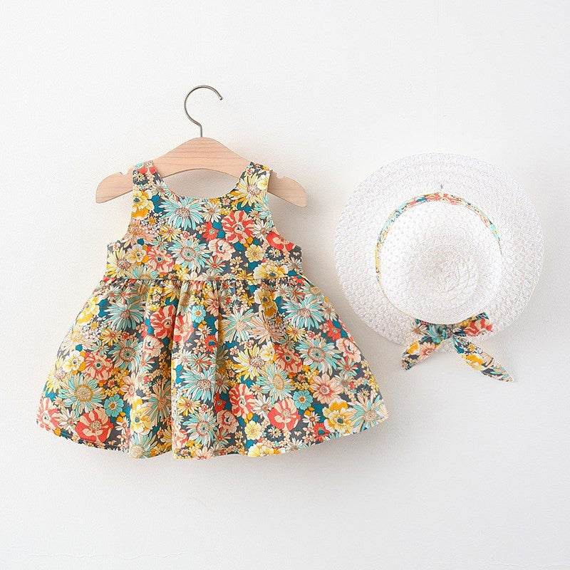 A-line Knee Length Sleeveless Flower Girl Dress with Bow & Hat – Summer & Party Outfit