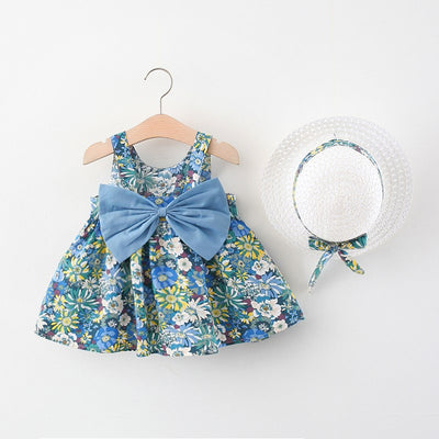 A-line Knee Length Sleeveless Flower Girl Dress with Bow & Hat – Summer & Party Outfit