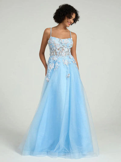 Carlyna A-Line Maxi Dress with Lace Corset & Sheer Tulle Overlay