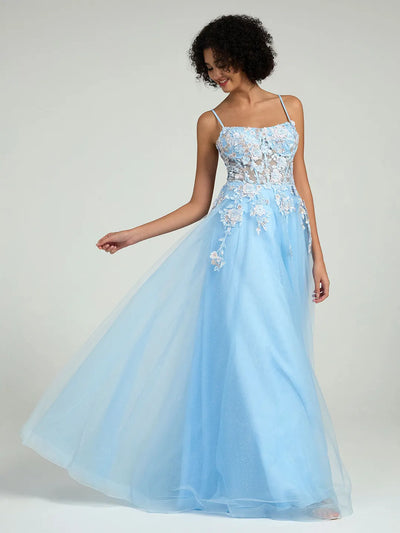 Carlyna Carlyna A-Line Maxi Dress with Lace Corset & Sheer Tulle Overlay