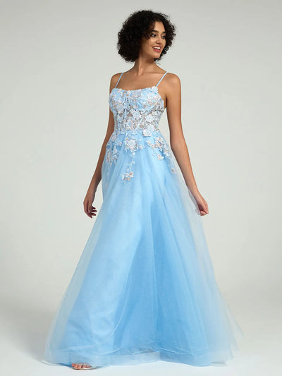 Carlyna Carlyna Carlyna A-Line Maxi Dress with Lace Corset & Sheer Tulle Overlay