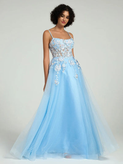 Carlyna Carlyna Carlyna Carlyna A-Line Maxi Dress with Lace Corset & Sheer Tulle Overlay