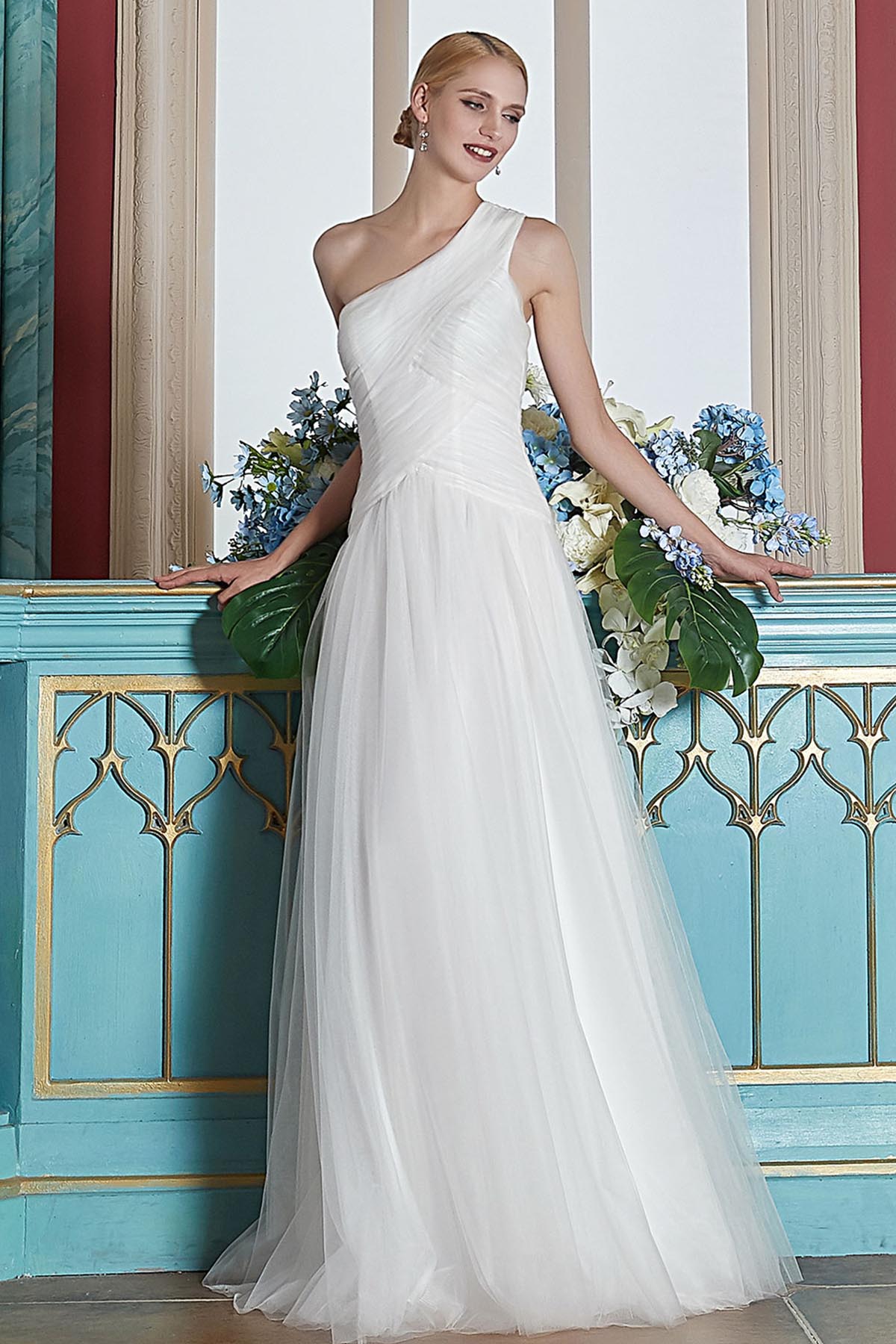 A-line One Shoulder Sleeveless Full Length Tulle Wedding Dresses