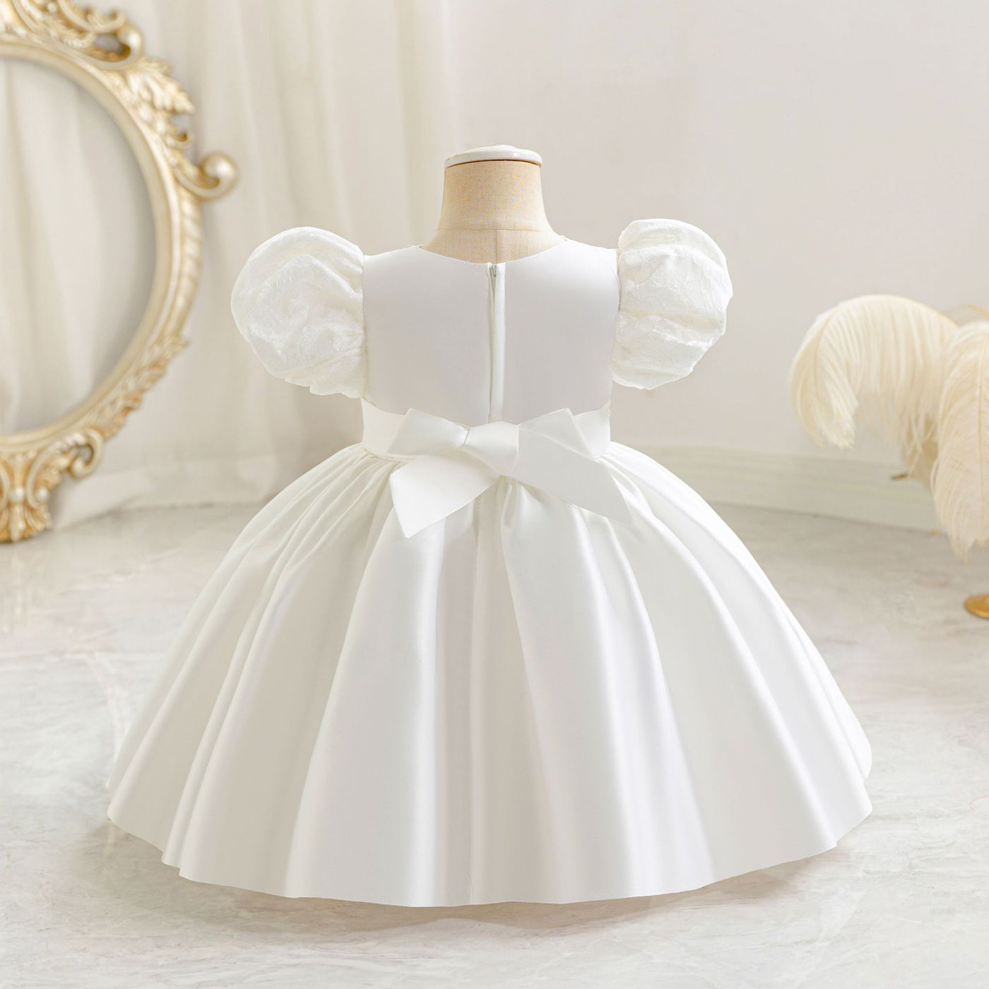 A-Line Satin Beaded Flower Girl Dress – Tea Length Party & Birthday Gown for Kids