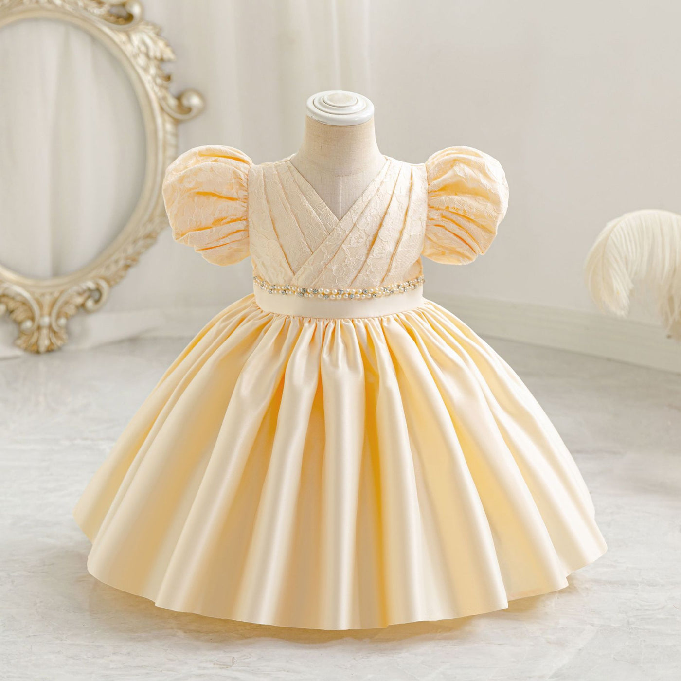 A-Line Satin Beaded Flower Girl Dress – Tea Length Party & Birthday Gown for Kids