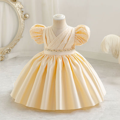 A-Line Satin Beaded Flower Girl Dress – Tea Length Party & Birthday Gown for Kids