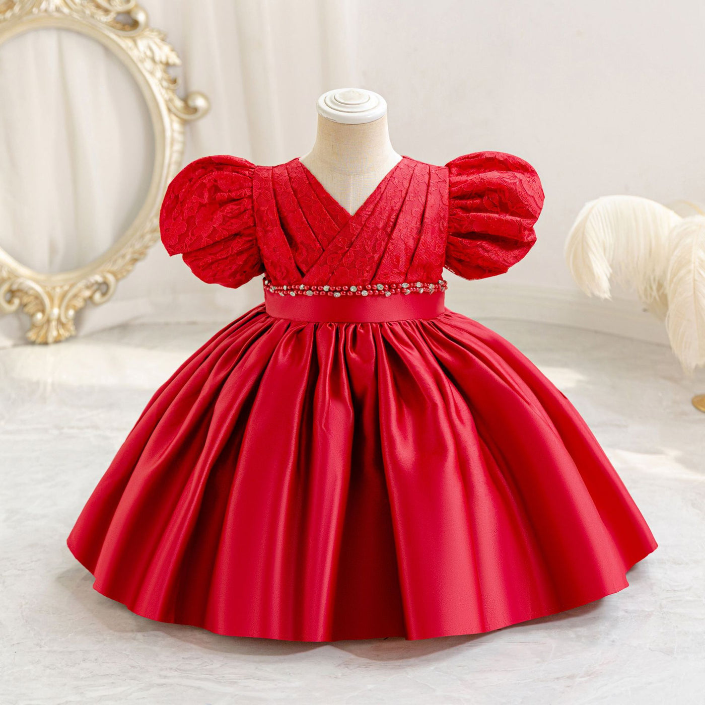 A-Line Satin Beaded Flower Girl Dress – Tea Length Party & Birthday Gown for Kids