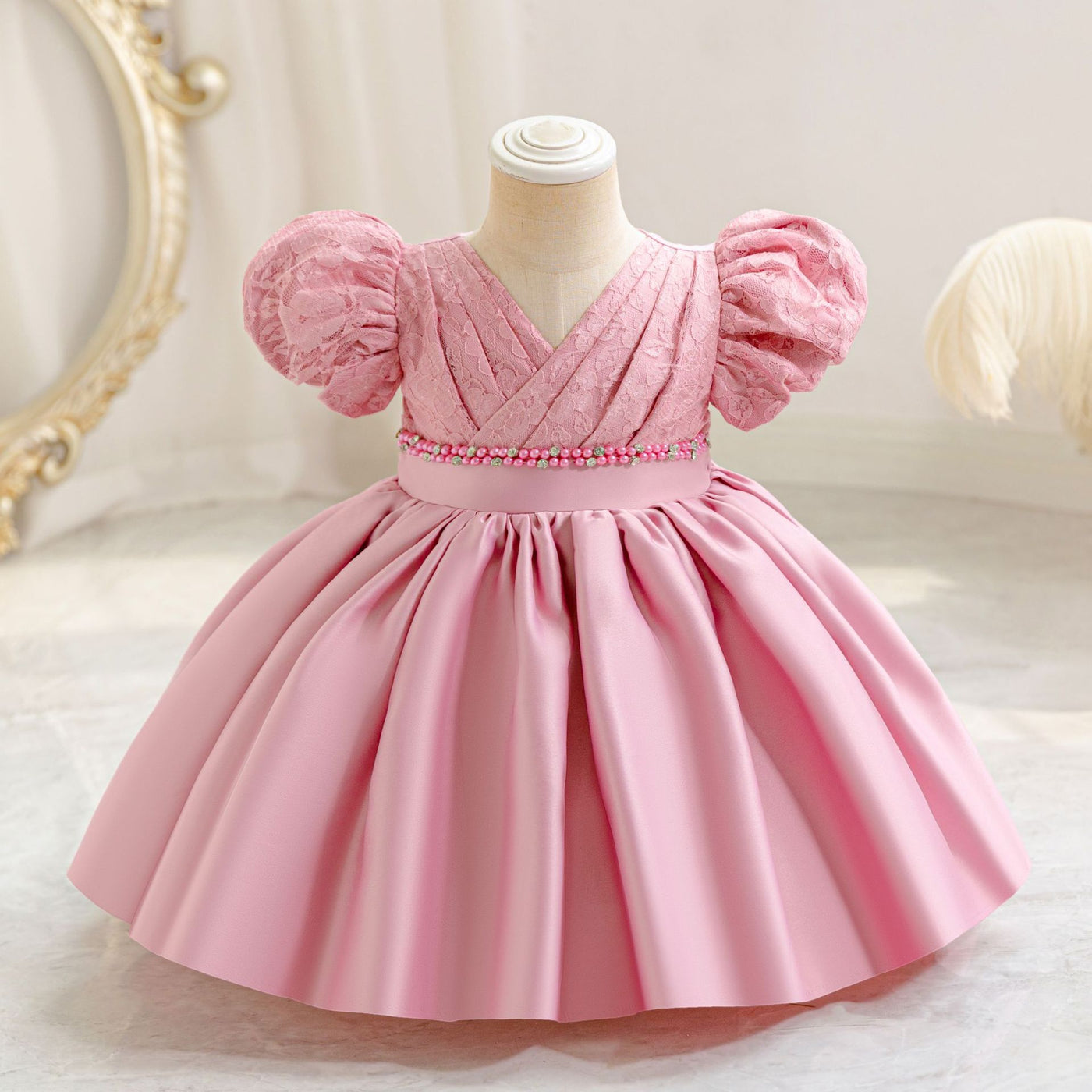A-Line Satin Beaded Flower Girl Dress – Tea Length Party & Birthday Gown for Kids