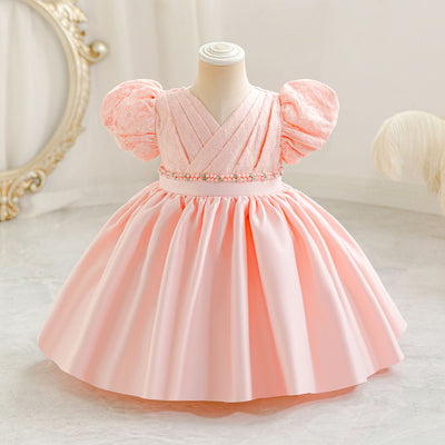 A-Line Satin Beaded Flower Girl Dress – Tea Length Party & Birthday Gown for Kids