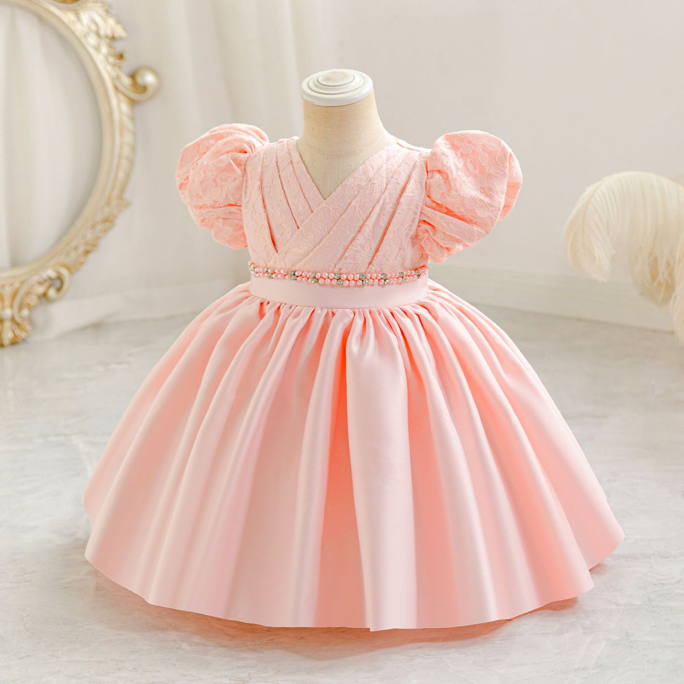 A-Line Satin Beaded Flower Girl Dress – Tea Length Party & Birthday Gown for Kids