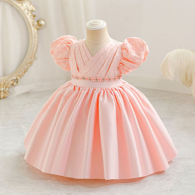A-Line Satin Beaded Flower Girl Dress – Tea Length Party & Birthday Gown for Kids