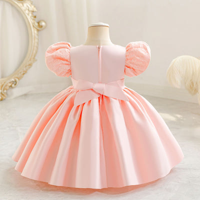 A-Line Satin Beaded Flower Girl Dress – Tea Length Party & Birthday Gown for Kids