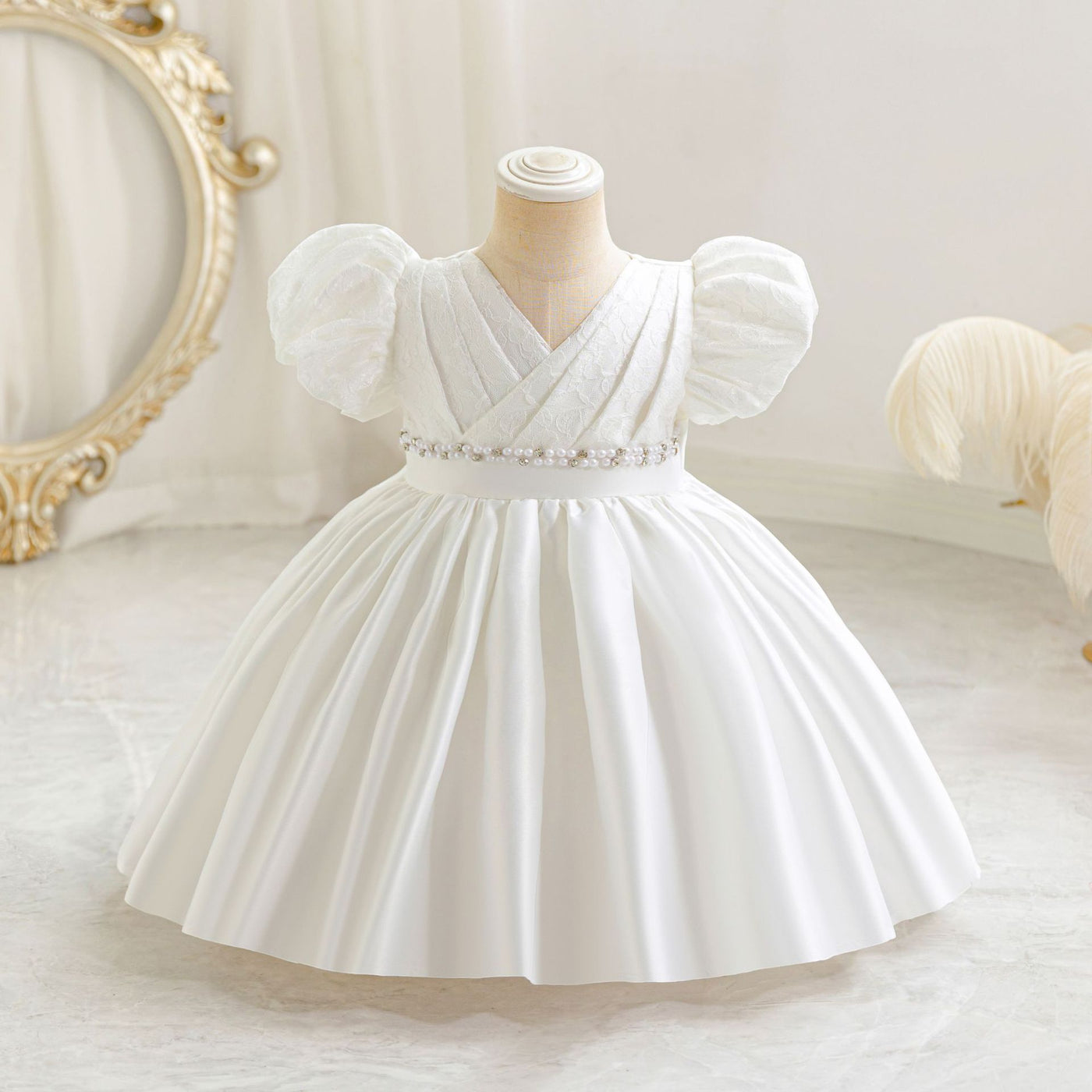 A-Line Satin Beaded Flower Girl Dress – Tea Length Party & Birthday Gown for Kids