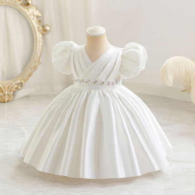 A-Line Satin Beaded Flower Girl Dress – Tea Length Party & Birthday Gown for Kids