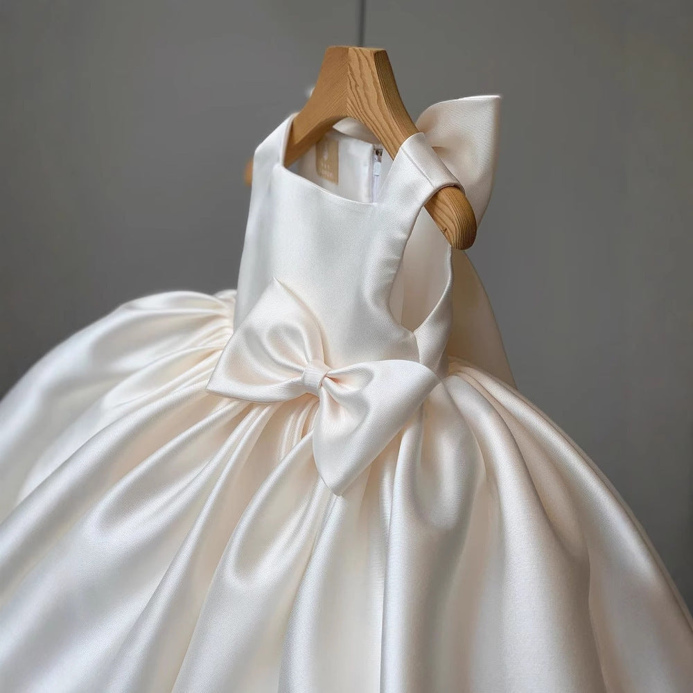 A-Line Satin Princess Dress for Girls | Tea Length Bow Ruffle Toddler Dress