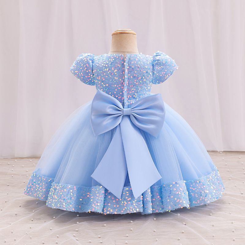 A-Line Sequin Tulle Bow Flower Girl Dress – Short Sleeve Princess Party Gown