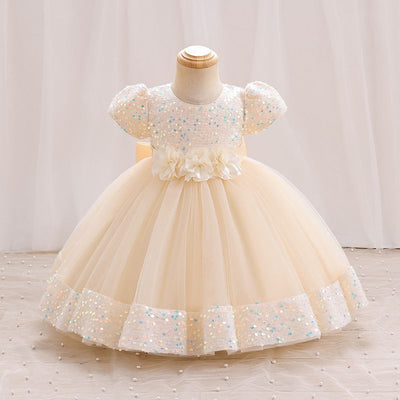 A-Line Sequin Tulle Bow Flower Girl Dress – Short Sleeve Princess Party Gown