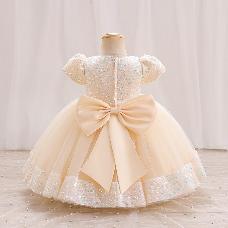 A-Line Sequin Tulle Bow Flower Girl Dress – Short Sleeve Princess Party Gown