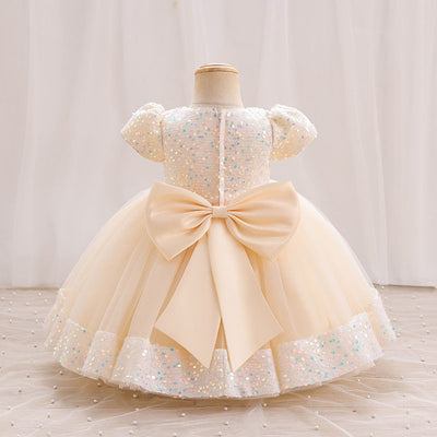 A-Line Sequin Tulle Bow Flower Girl Dress – Short Sleeve Princess Party Gown
