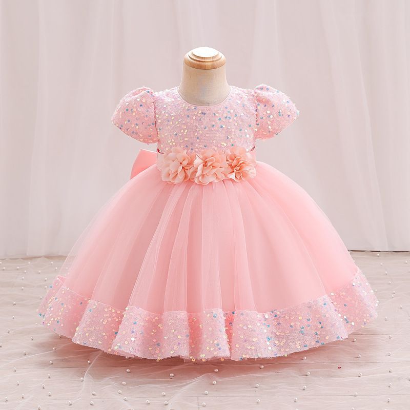 A-Line Sequin Tulle Bow Flower Girl Dress – Short Sleeve Princess Party Gown