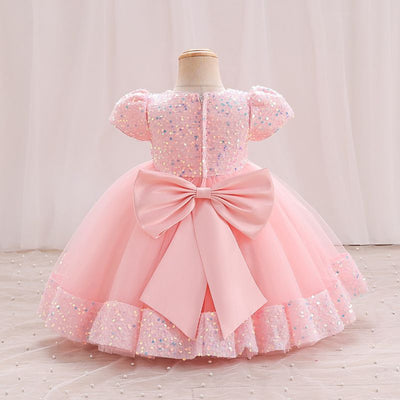 A-Line Sequin Tulle Bow Flower Girl Dress – Short Sleeve Princess Party Gown