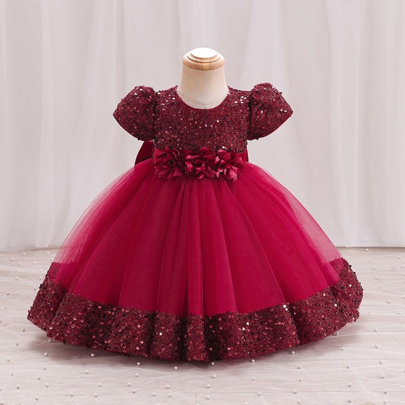 A-Line Sequin Tulle Bow Flower Girl Dress – Short Sleeve Princess Party Gown