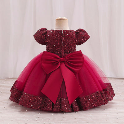 A-Line Sequin Tulle Bow Flower Girl Dress – Short Sleeve Princess Party Gown