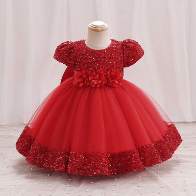 A-Line Sequin Tulle Bow Flower Girl Dress – Short Sleeve Princess Party Gown