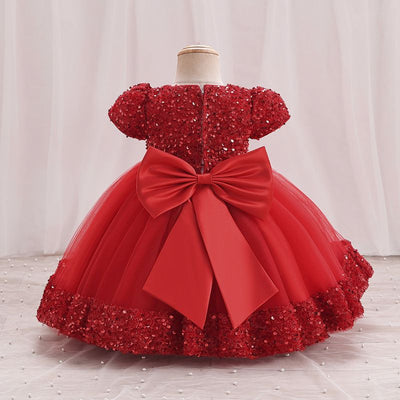 A-Line Sequin Tulle Bow Flower Girl Dress – Short Sleeve Princess Party Gown