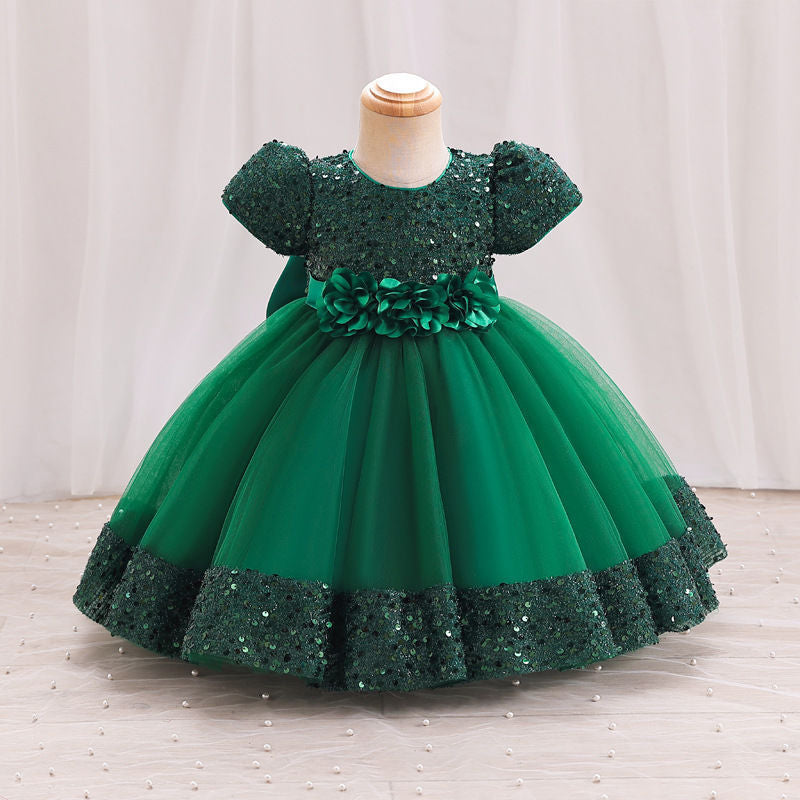 A-Line Sequin Tulle Bow Flower Girl Dress – Short Sleeve Princess Party Gown