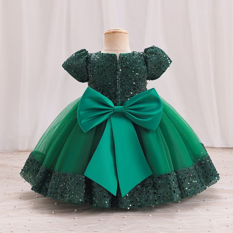 A-Line Sequin Tulle Bow Flower Girl Dress – Short Sleeve Princess Party Gown