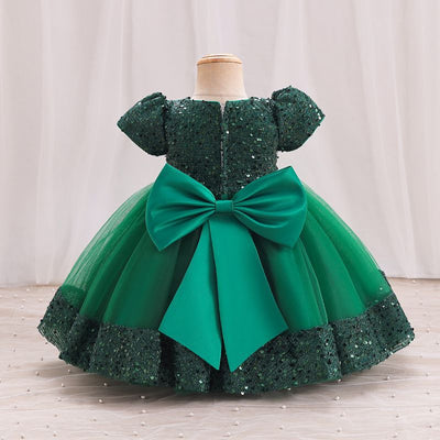 A-Line Sequin Tulle Bow Flower Girl Dress – Short Sleeve Princess Party Gown