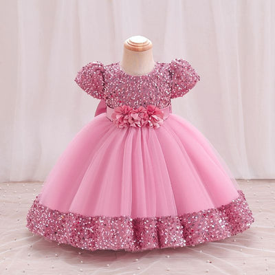 A-Line Sequin Tulle Bow Flower Girl Dress – Short Sleeve Princess Party Gown