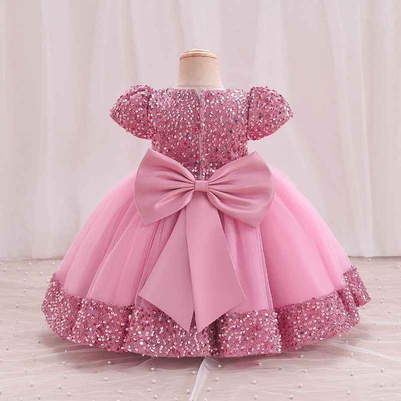 A-Line Sequin Tulle Bow Flower Girl Dress – Short Sleeve Princess Party Gown