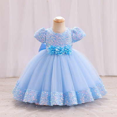 A-Line Sequin Tulle Bow Flower Girl Dress – Short Sleeve Princess Party Gown