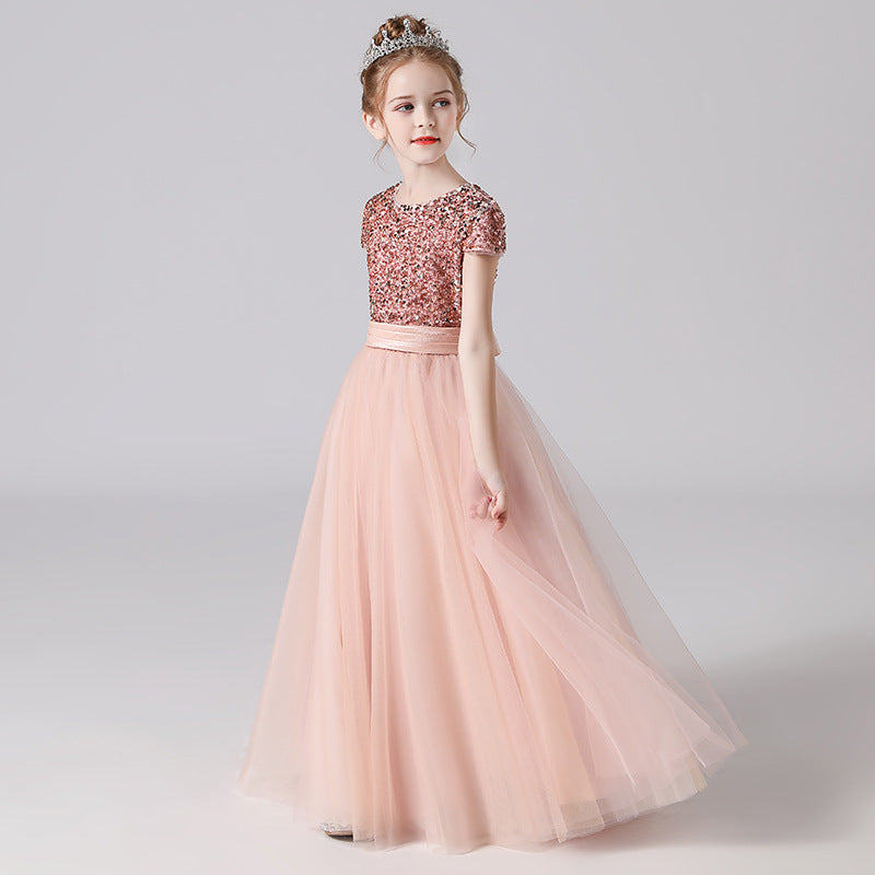 Sparkly A-Line Maxi Dress for Girls with Ribbon Belt | Party & Formal Wear