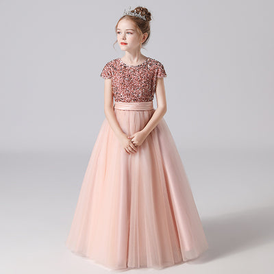 Sparkly A-Line Maxi Dress for Girls with Ribbon Belt | Party & Formal Wear