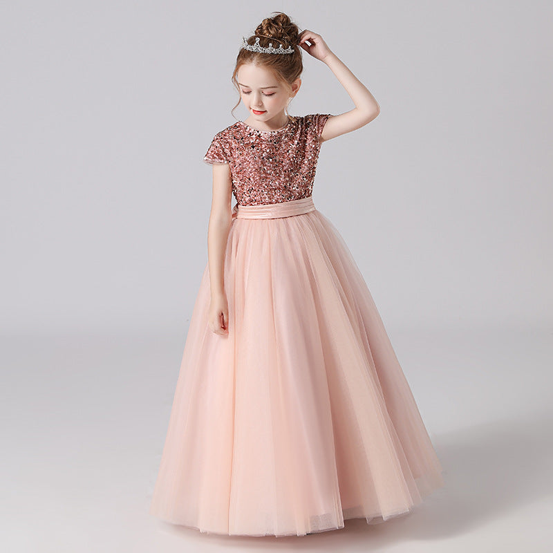Sparkly A-Line Maxi Dress for Girls with Ribbon Belt | Party & Formal Wear
