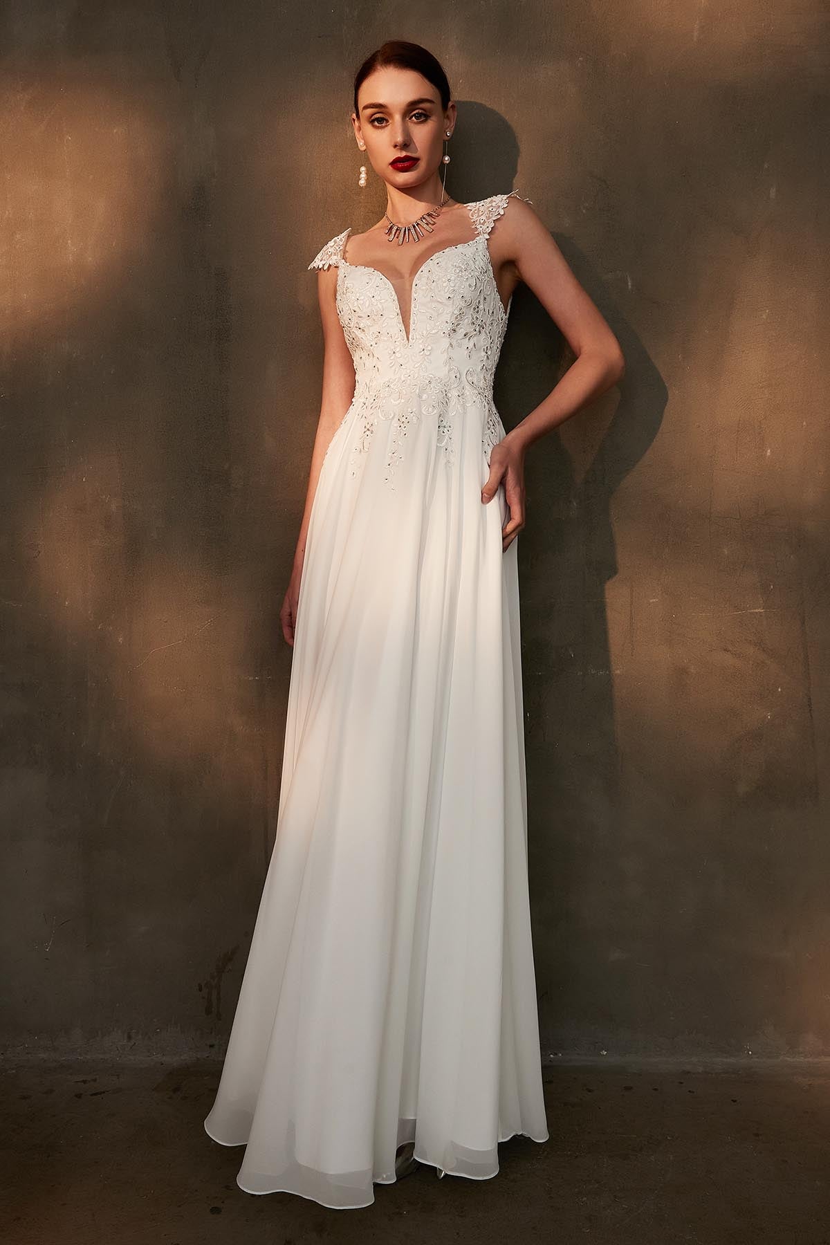 A-line Straps Sleeveless Full Length Chiffon Wedding Dresses